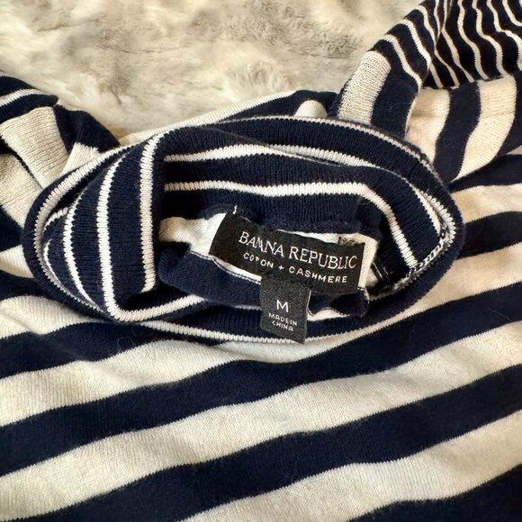 Banana Republic Cotton Cashmere Striped Turtleneck Sweater Navy & Cream Medium - Picture 7 of 10
